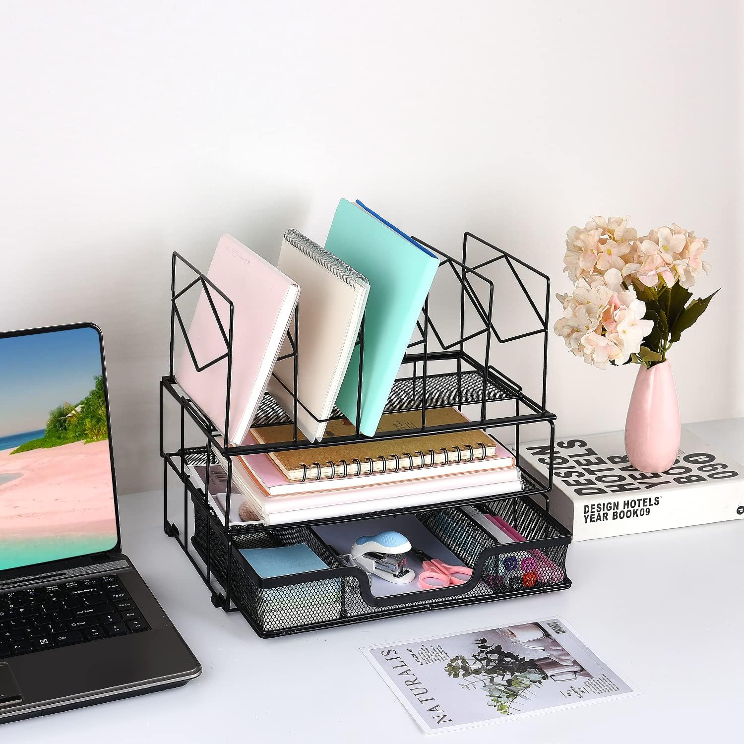 gianotter Desk Organizers and Accessories, Office Supplies Desk Organizer with Sliding Drawer, Double Tray and 5 Upright Sections (Black) - Image 3